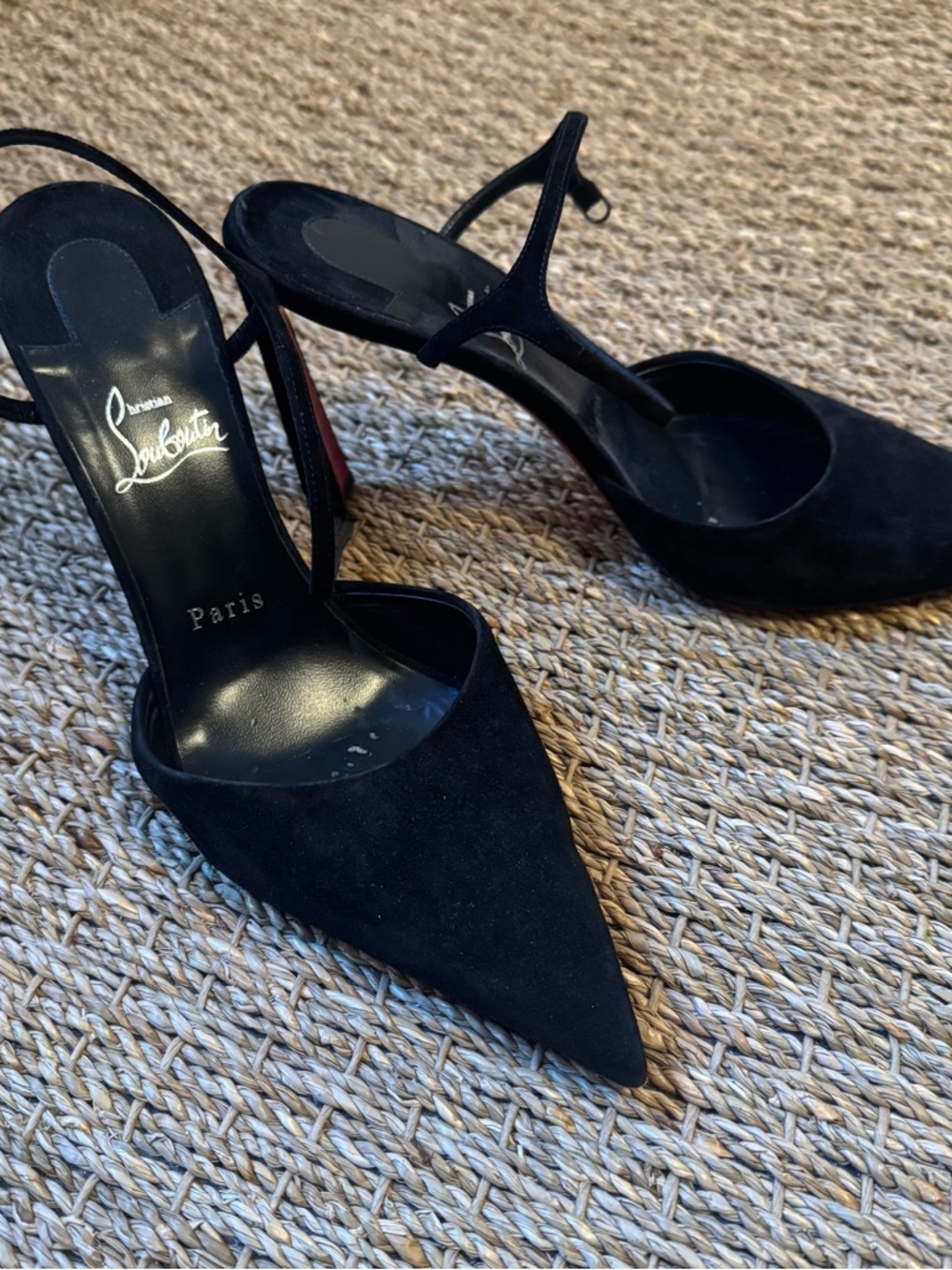 Christian Louboutin Black Suede Pointed Toe Condora Ankle Strap Heels